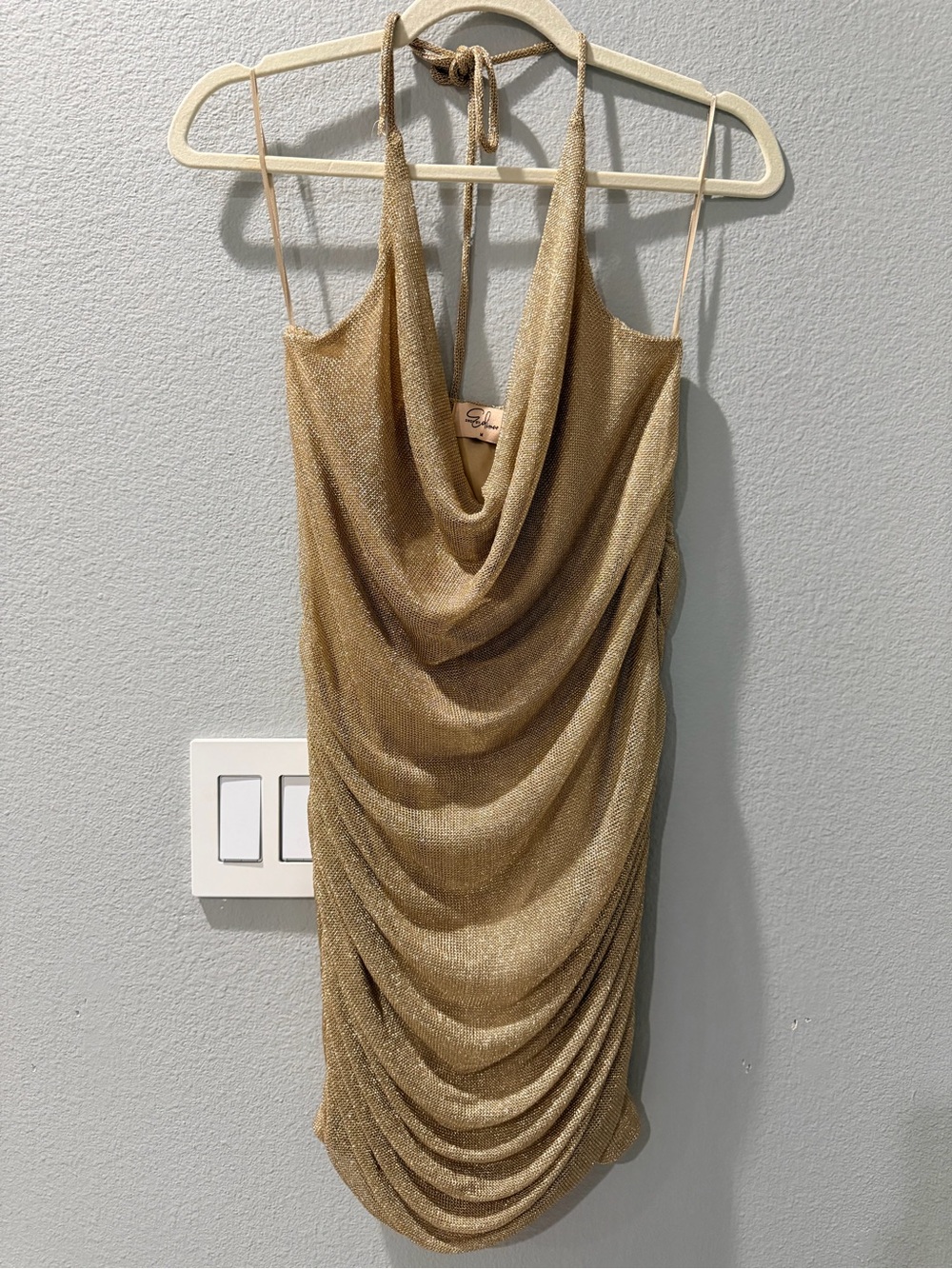 Gold Halter Cowl Mini Dress with Draped Front